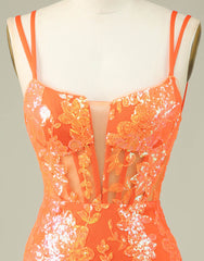 Orange Double Spaghetti Straps Glitter SequinTight Homecoming Dress