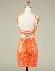 Orange Double Spaghetti Straps Glitter SequinTight Homecoming Dress