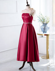 Red A-Line Round-Neck Evening Dress with Beading