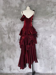 Red Shimmer Asymmetrical Layered Flounce Spaghetti Strap Dresses Evening Gown