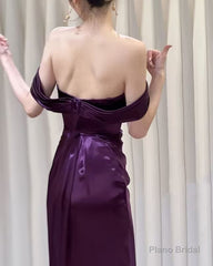 Purple Satin Off Shoulder Long Evening Dress, Purple Satin Prom Dress