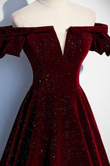 Burgundy Velvet Long Prom Dresses, Off the Shoulder Formal Evening Dresses