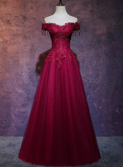 Beautiful Wine Red Tulle Sweetheart Long Prom Dresses, A-line Party Dresses