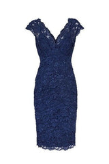 Sexy V Neck Navy Blue Lace Short Mother of the Bride Dresses