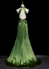 Green Soft Satin Halter Long Evening Dresses Party Dresses, Green A-line Prom Dresses