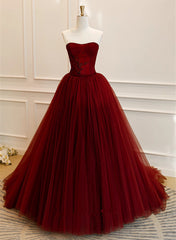 Wine Red Tulle Scoop Long Formal Dress, Wine Red Tulle Prom Dress Party Dress