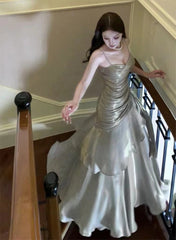 Sliver Grey Satin Straps Long Formal Gown, Cute Long Prom Dresses