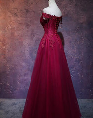 Beautiful Wine Red Tulle Sweetheart Long Prom Dresses, A-line Party Dresses