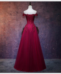 Beautiful Wine Red Tulle Sweetheart Long Prom Dresses, A-line Party Dresses