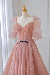 Pink Tulle Floor Length Prom Dress, Lovely Short Sleeve Graduation Party Dress