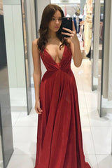 Red Spaghetti Straps V-neck Long Prom Dresses, Shiny A Line Party Gown