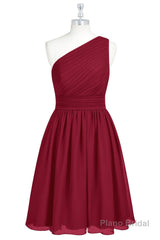 Wine Red Chiffon One-Shoulder Gathered Short Bridesmaid Dress