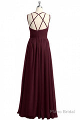 Burgundy Chiffon Spaghetti Straps A-line Long Bridesmaid Dress