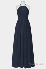 Elegant Navy Blue Chiffon A-line Long Bridesmaid Dress