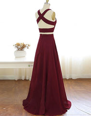 Two Piece Prom Dresses A-Line Floor-length Burgundy Chiffon Prom Dress