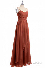 Rust Orange Spaghetti Straps Sweetheart Ruffled Long Bridesmaid Dress