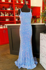 Blue Iridescent Sequin Straps Backless Mermaid Long Prom Dresses