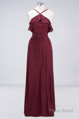 Straps Burgundy Ruffles A-line Long Bridesmaid Dress