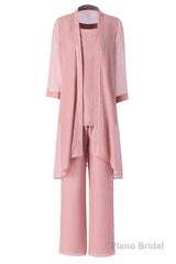 Three-Piece Pink Chiffon Half Sleeve Mother of the Bride Pant Suits