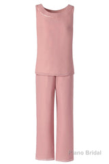 Three-Piece Pink Chiffon Half Sleeve Mother of the Bride Pant Suits