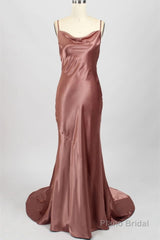 Sexy Rose Mermaid Cowl Neck Long Bridesmaid Dress