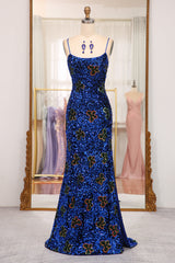 Sparkly Royal Blue Lace Up Long Sequined Prom Dress With Slit