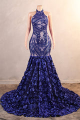 Royal Blue Mermaid Prom Dresses Sequined Lace Flowers Halter Neck Backless Long Gowns