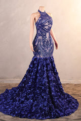 Royal Blue Mermaid Prom Dresses Sequined Lace Flowers Halter Neck Backless Long Gowns