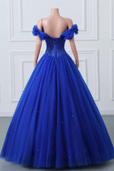 Royal Blue Off-the-shoulder Sweetheart Beaded Flowers Ball Gown Tulle Prom Dresses