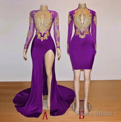 Unique Prom Dresses, Long Sleeve High Neck Beaded Split Prom Dresses