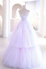 Purple Strapless Tulle Long Formal Gown, Purple A-Line Evening Dress