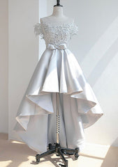 A-line Illusion Neck Short Sleeve Satin Asymmetrical Homecoming Dresses With Appliqued Waistband