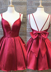 A-line V Neck Sleeveless Satin Short/Mini Homecoming Dresses With Bowknot