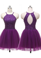 A-line Halter Sleeveless Tulle Short/Mini Homecoming Dresses With Beading Pleated Sequins