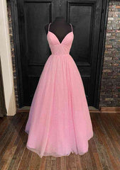 Princess A-line V Neck Spaghetti Straps Long/Floor-Length Tulle Glitter Prom Dresses