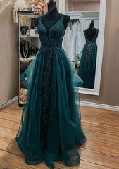 Fabulous A-line Lace With Beading Tulle Long V Neck Prom Dresses