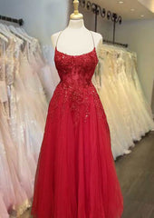 A-line Square Neckline Spaghetti Straps Long/Floor-Length Tulle Prom Dresses With Appliqued Beading Glitter