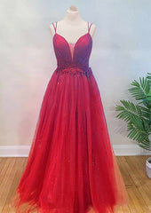 A-line V Neck Spaghetti Straps Long/Floor-Length Tulle Prom Dresses With Appliqued Beading Pleated Glitter