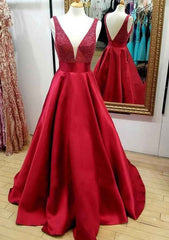 A-line V Neck Regular Straps Long/Floor-Length Satin Prom Dress With Beading