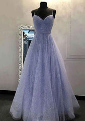 A-line V Neck Spaghetti Straps Long/Floor-Length Tulle Prom Dress With Beading Sequins