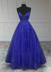 A-line V Neck Spaghetti Straps Long/Floor-Length Tulle Prom Dresses With Appliqued Beading Glitter