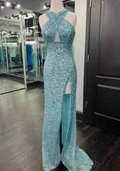 Sheath/Column Halter Sleeveless Sweep Train Velvet Sequins Prom Dresses With Split