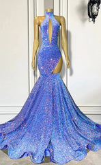 High Neck Sleeveless Illusion Sequined Trumpet Party Prom Evening Dresses For Black Women