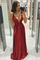 Red Spaghetti Straps V-neck Long Prom Dresses, Shiny A Line Party Gown