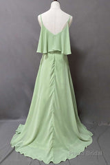 Ruffles Sage Green Straps A-Line Long Bridesmaid Dress with Slit