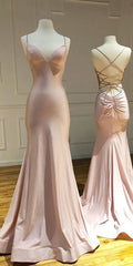 Mermaid Trumpet Prom Dresses, Pink Satin Criss Cross Long Evening Gowns 2891