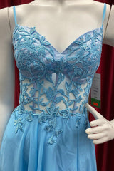 Sky Blue Chiffon Floral Keyhole A-line Long Prom Dress