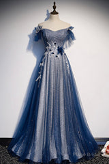 Blue Tulle Sequins Long Prom Dress, A-Line Evening Dress