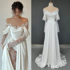 Ivory Lace Satin Wedding Dresses, Off The Shoulder Bridal Dresses