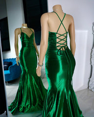 Satin Trumpet V-Neck Spaghetti Straps Prom Evening Dress For Black Girls